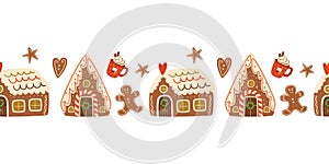 Christmas gingerbread houses and cookies seamless border. Baked Christmas dessert, hot winter drink. Horizontal repeat