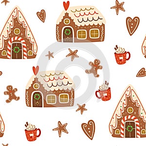Christmas gingerbread houses seamless patterns. Cute gingerbread cookies repeat background. Winter holiday vector