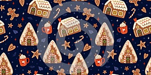 Christmas gingerbread houses seamless patterns on dark blue repeat background. Cute gingerbread cookies. Vector winter