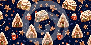 Christmas gingerbread houses seamless patterns on dark blue repeat background. Cute gingerbread cookies. Vector winter