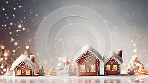 Christmas gingerbread houses in the snow on a gray background with bokeh Generative AI