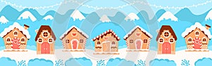 Christmas gingerbread houses web banner for winter holidays, greeting card in cartoon style on blue background