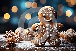 christmas gingerbread man cookies and snowflakes glazed over blurred bokeh background