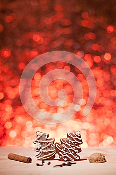 Christmas gingerbread with red blurred background