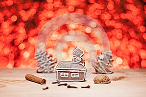 Christmas gingerbread with red blurred background