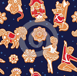 Christmas gingerbread seamless pattern with with Nutcracker characters. Vector illustration