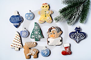 Christmas Gingerbread on white background. Flat lay