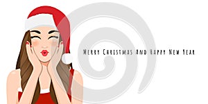 Christmas girl blow a kiss in red dress and Christmas Santa hat vector