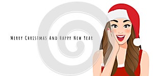 Christmas girl blow a kiss in red dress and Christmas Santa hat vector
