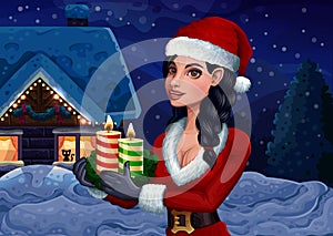 Christmas girl with candles on winter background