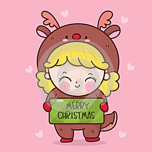 Christmas girl fancy dress reindeer cartoon. X mas card