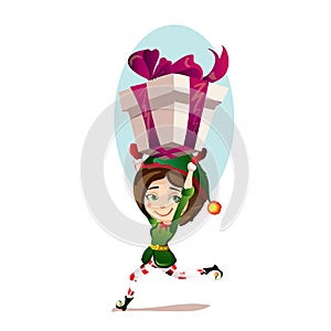 Christmas girl with a magic elf runs a great gift