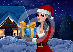 Christmas girl with present on winter background