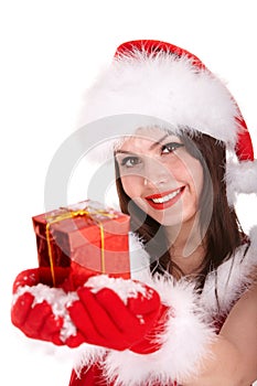 Christmas girl in santa hat with red gift box