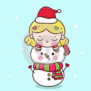 Christmas girl santa and snowman cartoon. X mas card