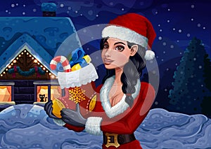 Christmas girl with sock on winter background
