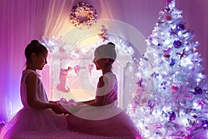 Christmas Girls, Happy Children Giving Present Gift, Xmas Tree