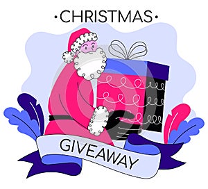 Christmas Giveaway. Sale, promotion, discount. Santa Claus with gift boxes with bows and patterns in the doodle style.