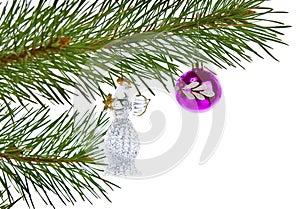 Christmas glass angle on pine branch isolated