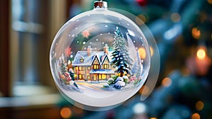 Christmas glass ball, beautiful Christmas decoration with a small bright cottage inside a transparent ball, outdoor, with