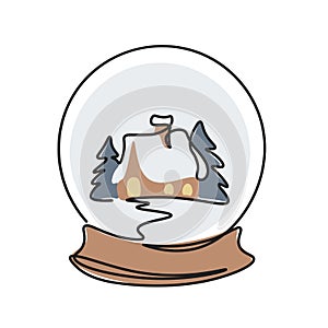 Christmas glass ball with a house and a fir-tree inside isolated on a white background drawn in one line. Merry christmas concept