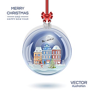 Christmas glass ball with small old town. Vector realistic Xmas snow globe illustration.
