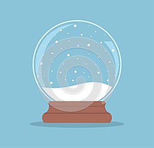 Christmas glass ball with snow and snowfall on a blue background. Flat vector illustration