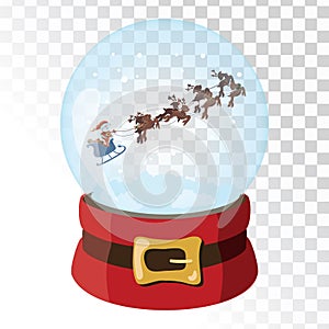 Christmas glass magic ball with Santa Claus deer. Transparent glass sphere with snowflakes. Vector illustration.