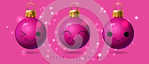 Christmas glass pink balls. Mockup of Christmas pink ball with decoration cute emoji faces, hanging on gold ribbon