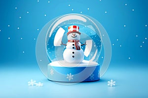 Christmas Glass Snow Globe. Snowman in red hat and scarf. Minimalistiv Blue Background with Snowflakes. AI Generative.