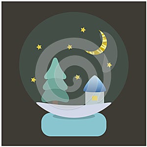 Christmas glass snowball with fir tree and house standing on snow. Glass ball with moon and stars isolated on dark background,