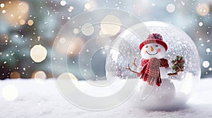 A Christmas glass sphere resting on snowy ground, containing a snowman within. A wintry scene. Generative AI