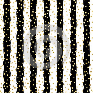 Christmas glitter seamless pattern background. Gold polka dot, foil confetti on trendy black and white stripes