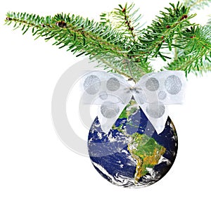 Christmas globe on tree with white bow