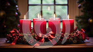 Christmas glowing burning candles, lights and holiday decorations Advent Background. Christmas Decoration With Ornament