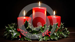 Christmas glowing burning candles, lights and holiday decorations Advent Background. Christmas Decoration With Ornament