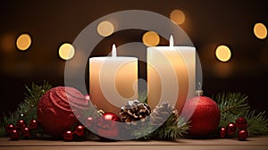 Christmas glowing burning candles, lights and holiday decorations Advent Background. Christmas Decoration With Ornament