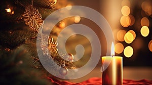 Christmas glowing burning candles, lights and holiday decorations Advent Background. Christmas Decoration With Ornament