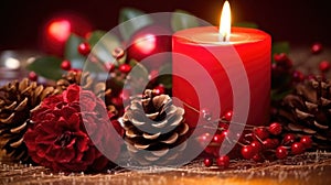 Christmas glowing burning candles, lights and holiday decorations Advent Background. Christmas Decoration With Ornament