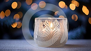 Christmas glowing burning candles, lights and holiday decorations Advent Background. Christmas Decoration With Ornament