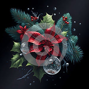 Christmas glowing light background with fir branches, glass balls and flower. generative AI