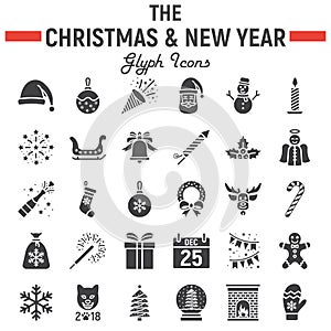 Christmas glyph icon set, new year signs