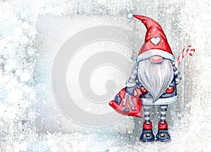 Christmas  gnome  cartoon, greeting card for winter holidays. Merry Christmas greeting card photo