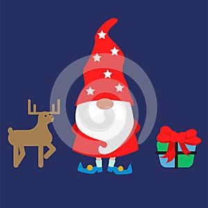 Christmas Gnome with deer vector illustration. Winter elf gnome with a gift