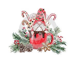 Christmas gnome in a hot cocoa mug, watercolor holiday illustration