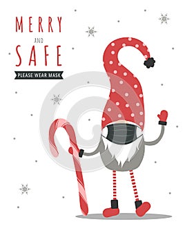 Christmas gnome wearing a protective face mask against coronavirus. New year greeting card with quote Merry and Safe.