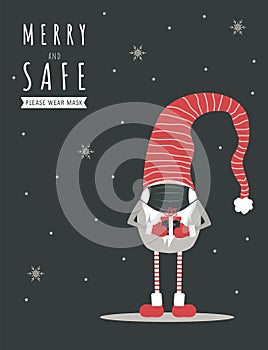 Christmas gnome wearing a protective face mask against coronavirus. New year greeting card with quote Merry and Safe.