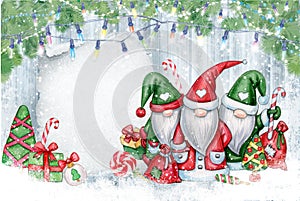 Christmas  gnomes  cartoons, greeting card for winter holidays. Merry Christmas greeting card