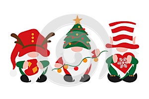 Christmas Gnomes in holiday hats, scandinavian gnome with decoration in hands - sock, garland, snoflake, male nordic