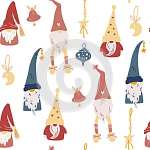 Christmas Gnomes seamless pattern. Toys, stars, months and ribbons. Scandinavian christmas repeated background. Vector winter